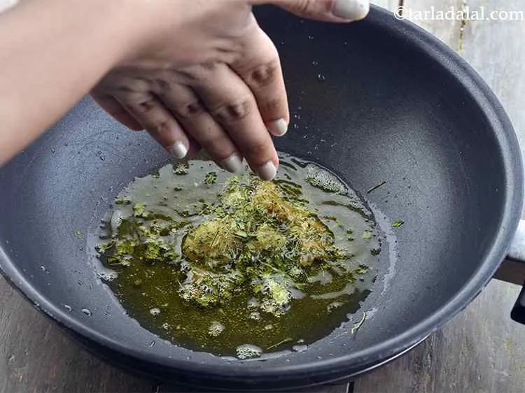 Step 6 – Add the dry fenugreek leaves. Always rub it between your palms and then add as …
