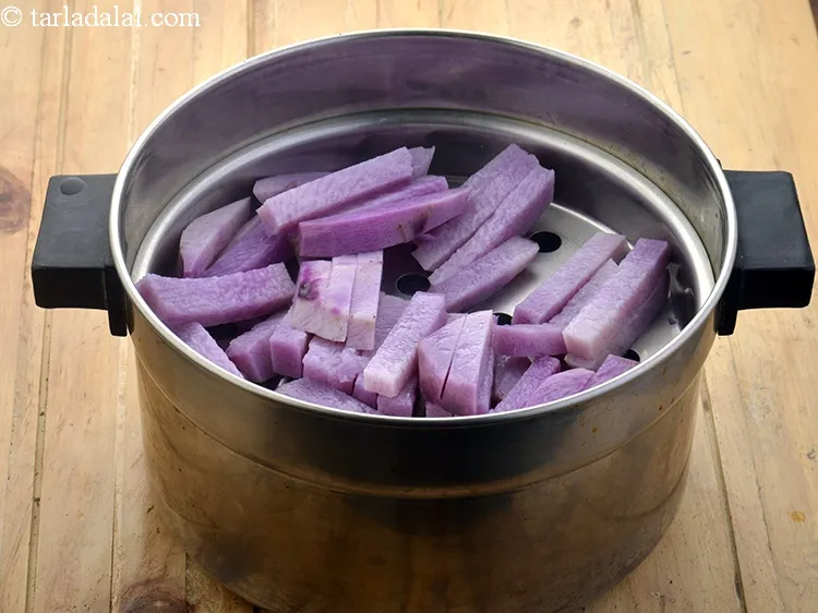 Step 4 – Place the kand strips on a steamer plate and steam them in a steamer for …