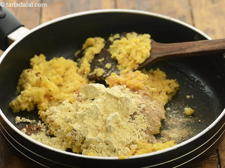 Step 23 – Add salt and besan. Besan will soak excess moisture and help in drying up the …