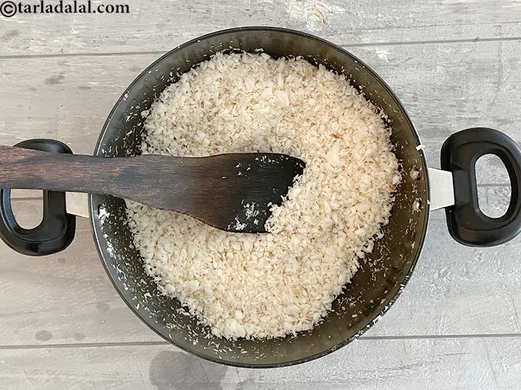 Step 7 – Cook on a medium flame.&nbsp;You need to go on stirring the coconut so it does …