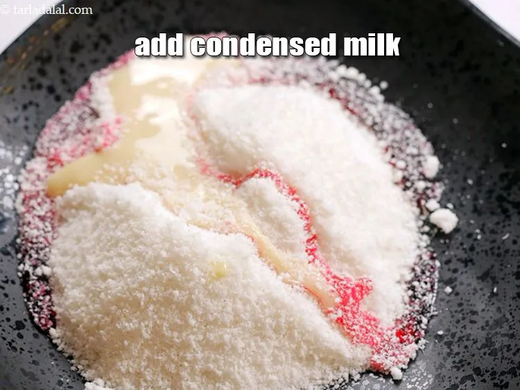 Step 5 – Add &frac14; cup <a href="https://www.tarladalal.com/glossary-condensed-milk-672i">condensed milk</a>.