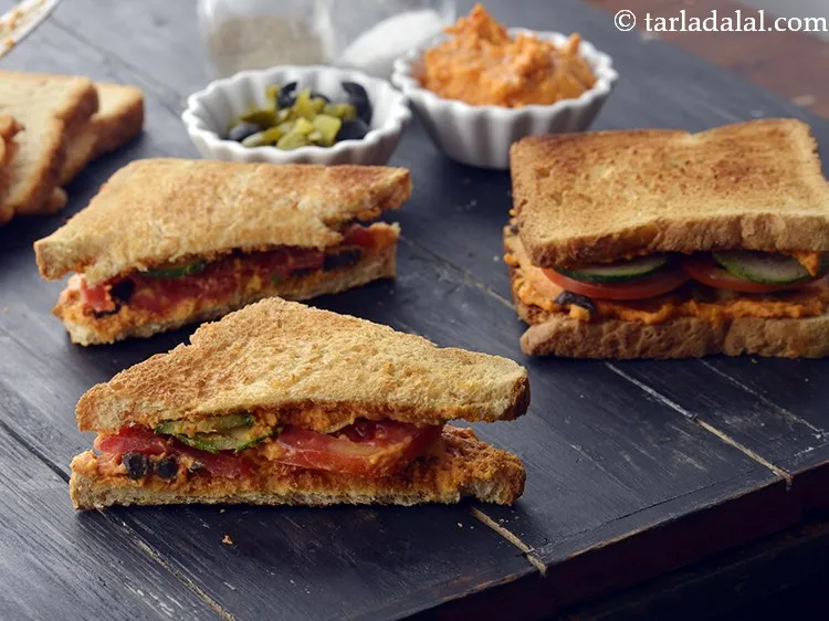 Step 28 – Serve&nbsp;<strong>spicy garlic hummus sandwich | Lebanese hummus sandwich | healthy toasted sandwich with spicy garlic …