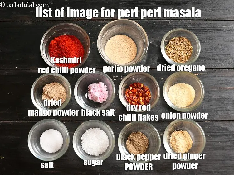 Step 2 – List of ingredients for <strong>peri peri masala</strong>: 2 tbsp kashmiri red chilli powder, 2 tsp …