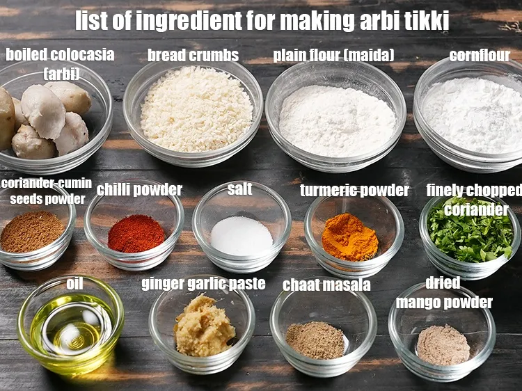 Step 2 – <u><em>See the below image of list of ingredient for making <strong>arbi tikki.</strong></em></u>