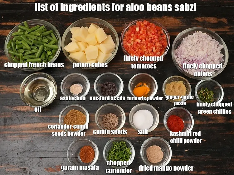 Step 2 – <u><em>See the below image of list of ingredients for aloo beans sabzi recipe.</em></u>
