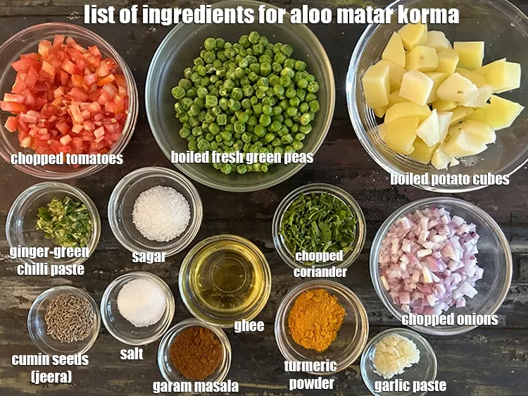 Step 2 – <strong>what is aloo matar korma made of ?</strong> <u><em>See below image of list of ingredients …
