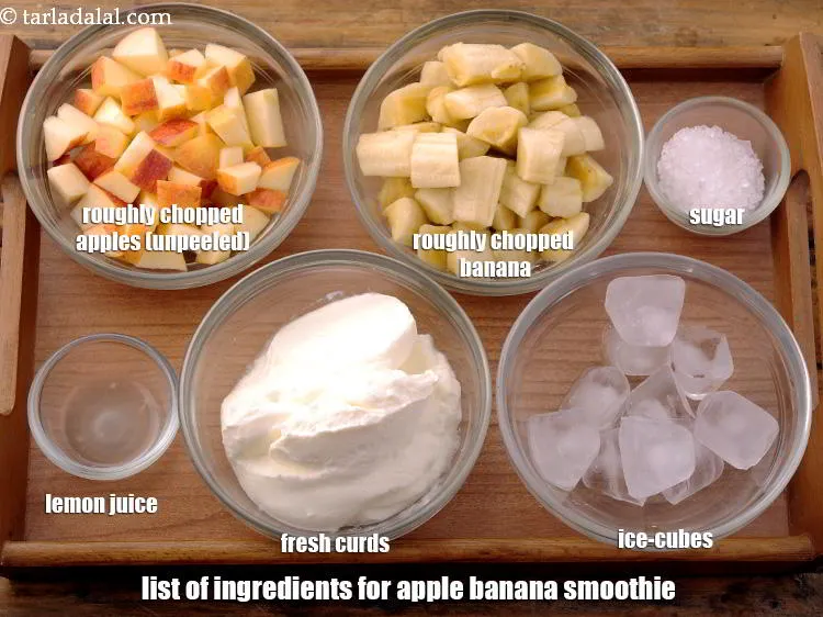 Step 2 – Apple banana smoothie is made of&nbsp;1 cup&nbsp;roughly&nbsp;<a href="https://www.tarladalal.com/glossary-chopped-bananas-20i">chopped bananas</a>, 1 cup&nbsp;chilled and roughly&nbsp;<a href="https://www.tarladalal.com/glossary-chopped-apple-56i">chopped apples</a>&nbsp;(unpeeled),&nbsp;1 …