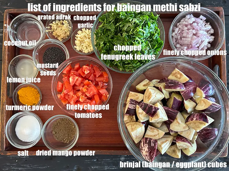 Step 2 – <strong>what is baingan methi&nbsp;ki sabzi made of ?</strong> <u><em>See below image of list of ingredients …