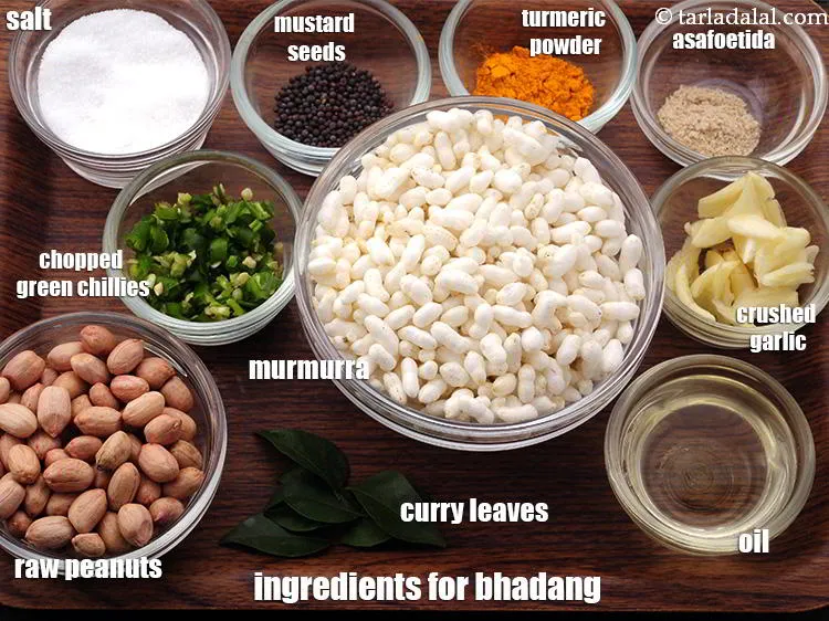Step 1 – <strong>Bhadang </strong>is made of&nbsp;4 cups&nbsp;<a href="https://www.tarladalal.com/glossary-thick-puffed-rice-2452i">thick puffed rice (kurmura)</a>,&nbsp;2 1/2 tbsp&nbsp;oil, 1/2 cup&nbsp;raw peanuts,&nbsp;1/2 tsp&nbsp;mustard …