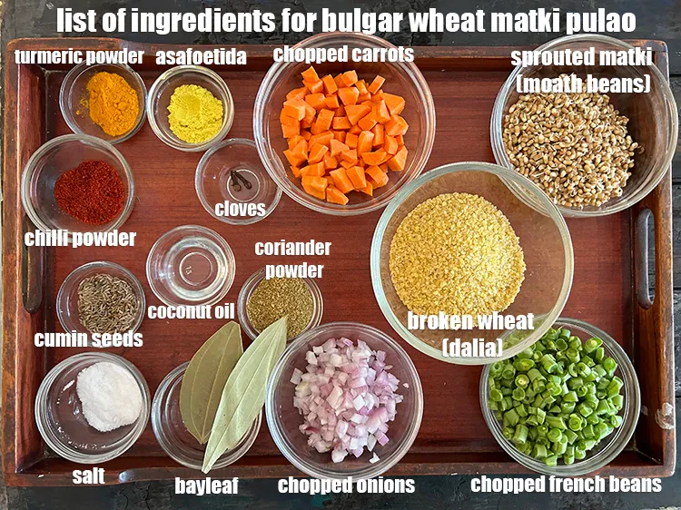 Step 2 – <strong>what is bulgur wheat and matki pulao made of ? </strong><u><em>See below image of list …