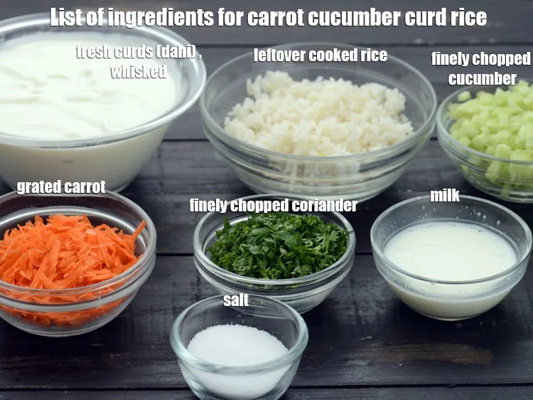 Step 2 – <strong>Carrot cucumber curd rice is made from for the rice&nbsp;</strong> 1 cup&nbsp;<a href="https://www.tarladalal.com/glossary-grated-carrot-816i">grated carrot</a>, 1/2 …