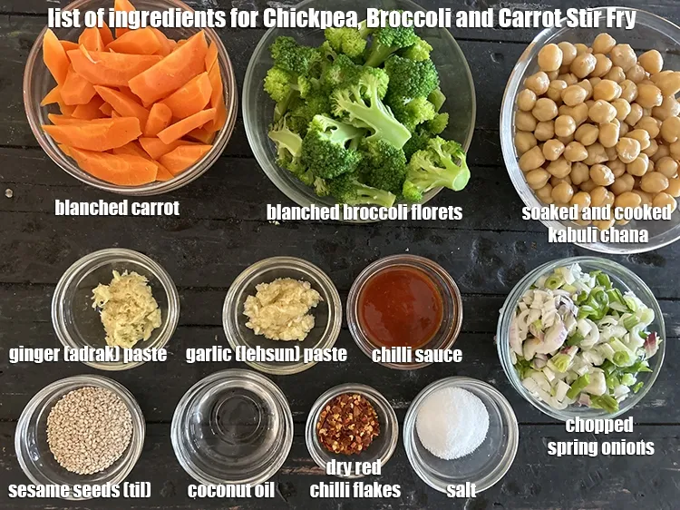 Step 2 – <strong>What is Chickpea, Broccoli and Carrot Stir Fry made of ?</strong> <em><u>See below image of …