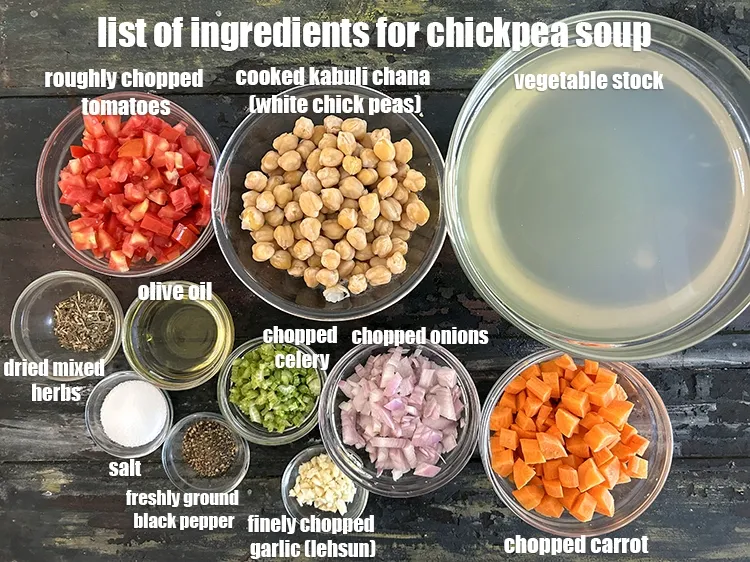 Step 2 – <strong>what is chickpea soup made of ? </strong><u><em>See below image of list of ingredients for&nbsp;chickpea …