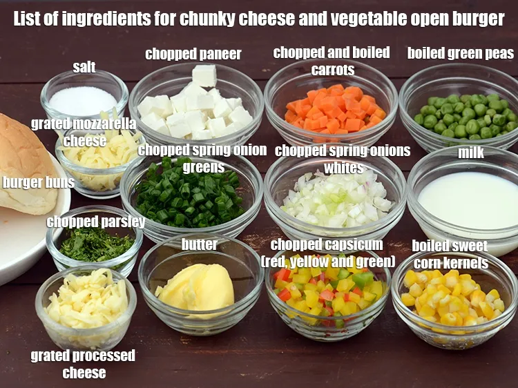 Step 2 – <strong>Chunky cheese and vegetable open burger</strong> is made from2&nbsp;<a href="https://tarladalal.com/glossary-burger-buns-1024i">burger buns</a>, butter for brushing, 3/4 …