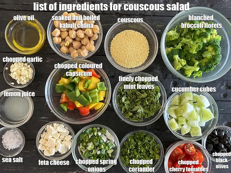 Step 2 – <strong>what is couscous salad made of ?</strong><u><em> See below image of list of ingredients for&nbsp;couscous …
