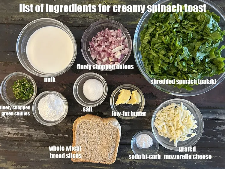 Step 2 – <strong>what is creamy spinach toast made of? </strong><u><em>See below image of list of ingredients for&nbsp;creamy …