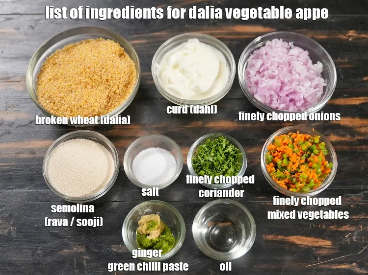 Step 2 – <strong>what is dalia vegetable appe made of ?</strong><u><em><strong> </strong>See below image of list of ingredients …