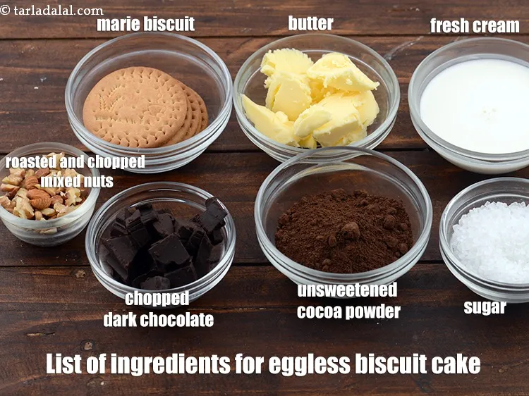 Step 2 – <strong>Indian chocolate biscuit cake</strong> is made from 60&nbsp;<a href="https://www.tarladalal.com/glossary-marie-biscuit-204i">marie biscuit</a>, 1/4 cup roasted and chopped …