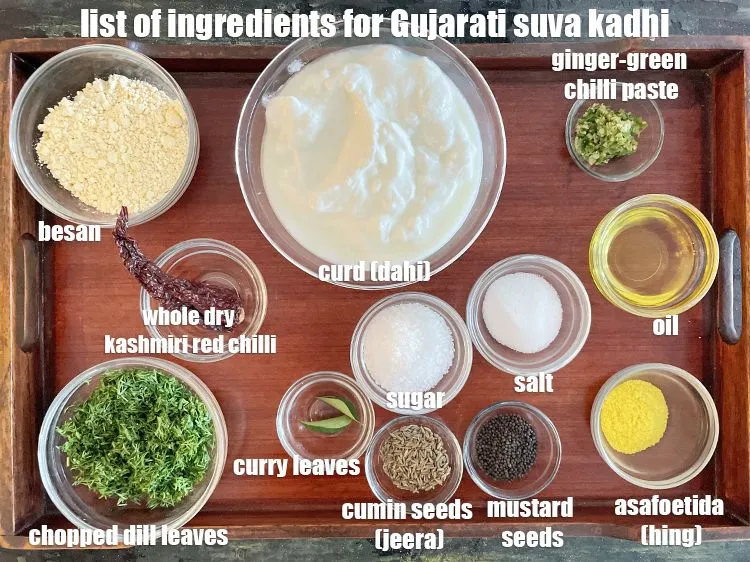 Step 2 – <strong>what is Gujarati suva kadhi made of ? </strong><u><em>See below image of list of ingredients …