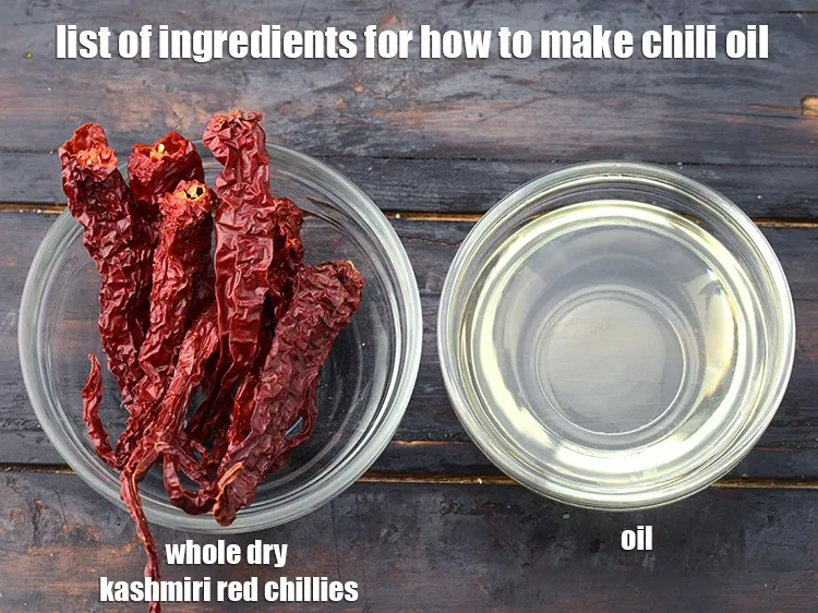 Step 2 – <strong>How to make chili oil</strong> is made from 7 to 8&nbsp;<a href="https://www.tarladalal.com/glossary-whole-dry-kashmiri-red-chillies-kashmiri-mirch-kashmiri-lal-mirch-332i">whole dry kashmiri red …