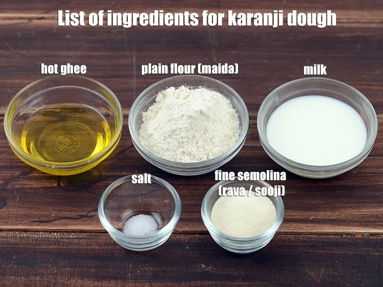 Step 3 – <strong>For The Dough</strong>:&nbsp;1 1/2 cups&nbsp;plain flour (maida), 2 tbsp&nbsp;fine&nbsp;semolina (rava / sooji), 3 tbsp&nbsp;hot&nbsp;ghee, a …