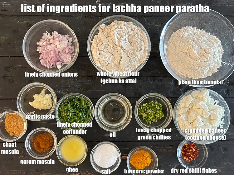 Step 2 – <u><em>See the below image of list of ingredients for making paneer laccha paratha.</em></u>