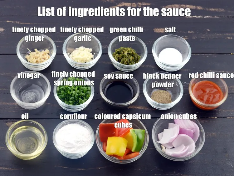 Step 3 – <em><u>See the below image list of ingredients for <strong>maggi Manchurian.</strong></u></em>
