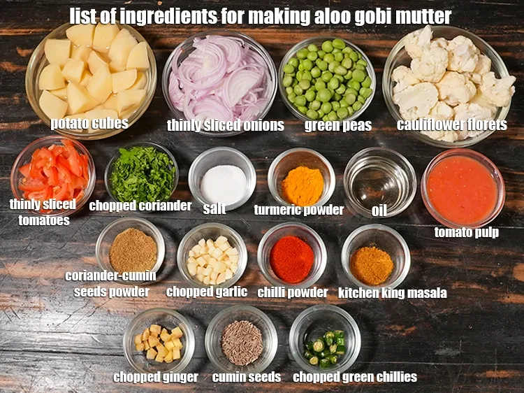 Step 2 – <u><em>See the below image of list of ingredients for making aloo gobi mutter recipe.</em></u>