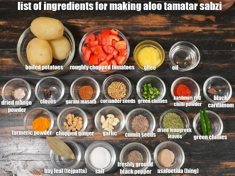 Step 2 – <u><em>See the below image of list of ingredients for making aloo tamatar sabzi.</em></u>