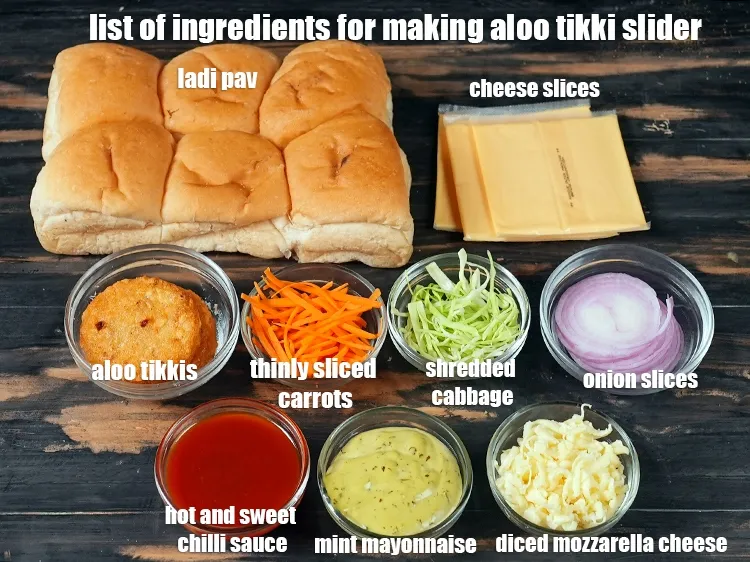 Step 2 – <em><u>See the below image of list of ingredients for making aloo tikki slider.</u></em>
