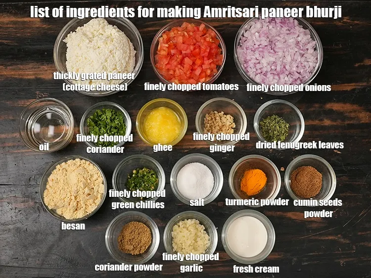 Step 2 – <u><em>See the below image of list of ingredients for making Amritsari paneer bhurji recipe.</em></u>