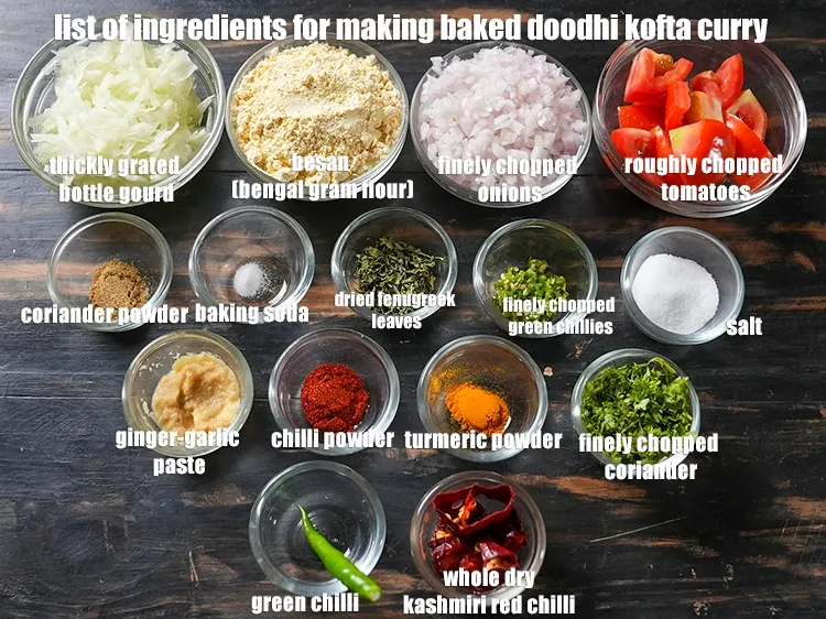Step 2 – <u><em>See the below image of list of ingredients for making baked doodhi kofta curry.</em></u>