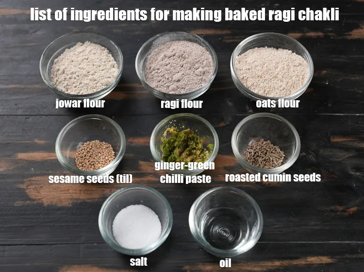 Step 2 – <u><em>See the below image of list of ingredients for making baked ragi chakli.</em></u>