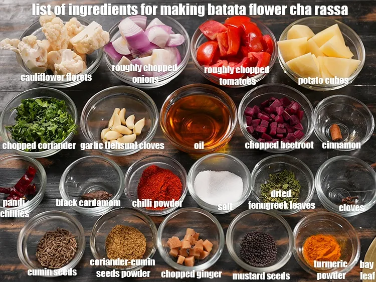 Step 2 – <u><em>See the below image of list of ingredients for making batata flower cha rassa recipe.</em></u>