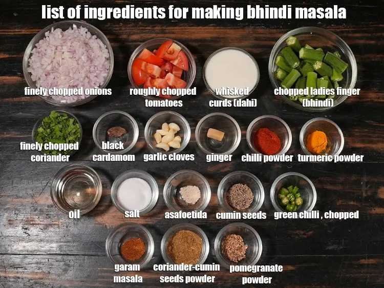 Step 2 – <u><em>See the below image of list of ingredients for making bhindi masala.</em></u>