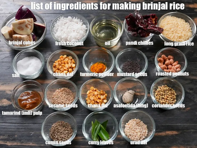 Step 2 – <u><em>See the below image of list of ingredients for making brinjal rice.</em></u>