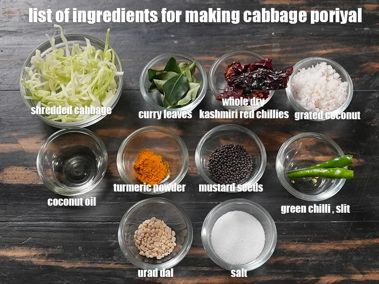 Step 2 – <u><em>See the below image of list of ingredients for making cabbage poriyal.</em></u>