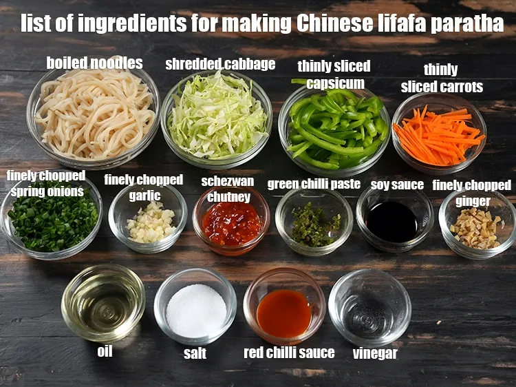 Step 3 – <u><em>See the below image of list of ingredients for making Chinese lifafa paratha.</em></u>