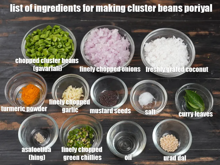Step 2 – <u><em>See the below image of list of ingredients for making cluster beans poriyal.</em></u>