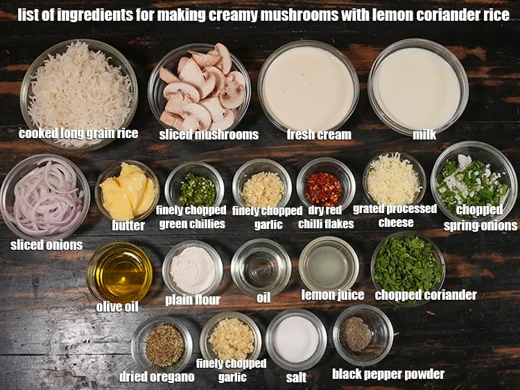 Step 2 – <u><em>See the below image of list of ingredients for making creamy mushrooms with lemon coriander …