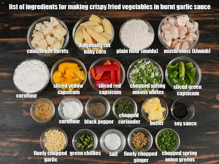 Step 2 – <u><em>See the below image of list of ingredients for making crispy fried vegetables in burnt …
