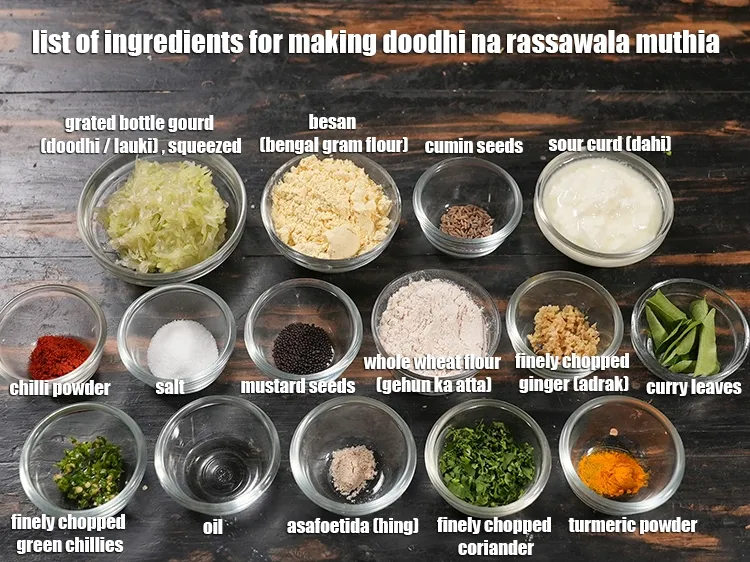Step 2 – <u><em>See the below image of list of ingredients for making doodhi na rassawala muthia recipe.</em></u>