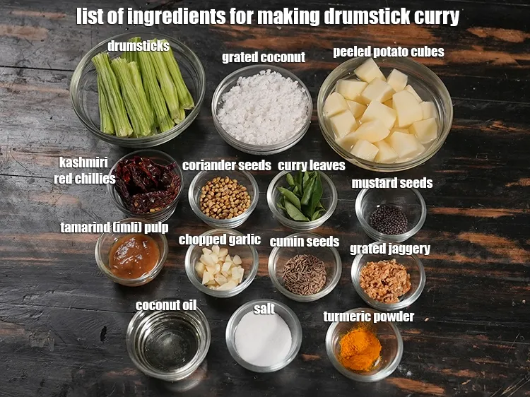 Step 2 – <u><em>See the below image of list of ingredients for making drumstick curry.</em></u>