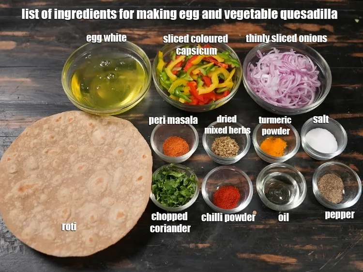 Step 2 – <u><em>See the below image of list of ingredients for making egg and vegetable quesadilla.</em></u>