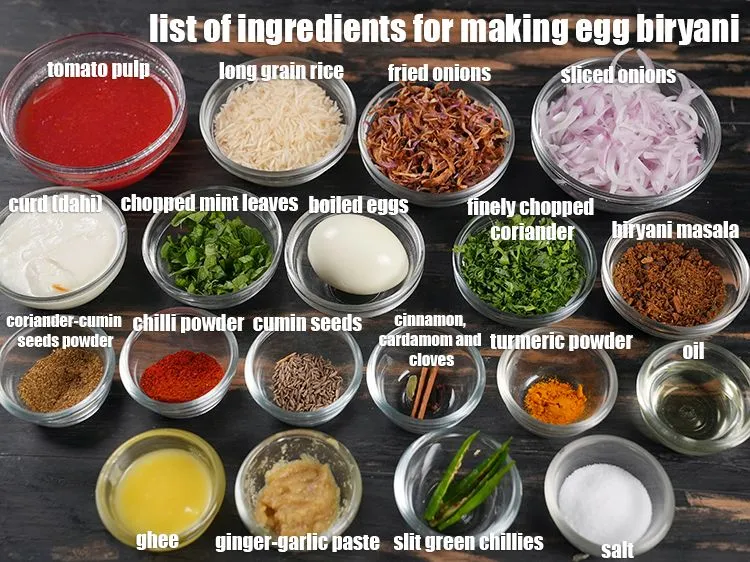 Step 2 – <em><u>See the below image of list of ingredients for making egg biryani.</u></em>