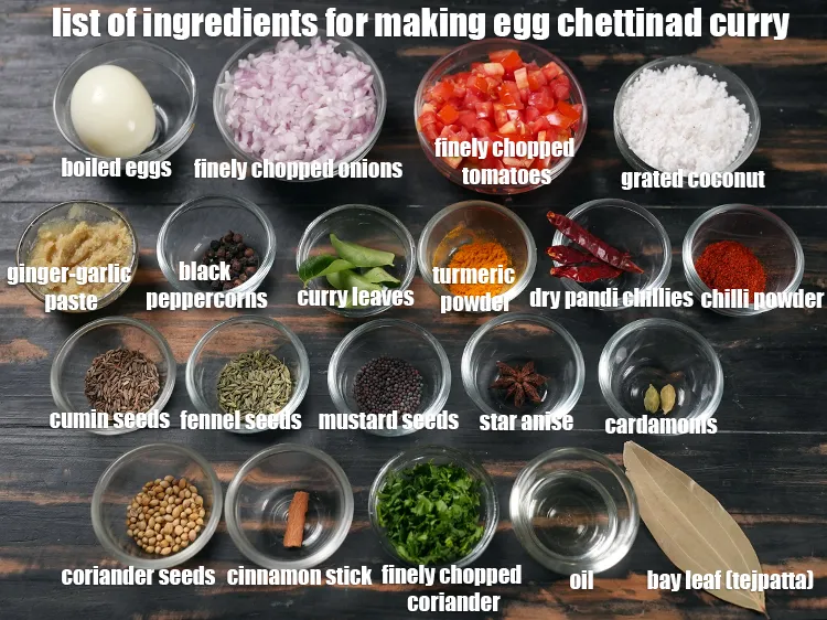 Step 2 – <u><em>See the below image of list of ingredients for making egg chettinad curry.</em></u>