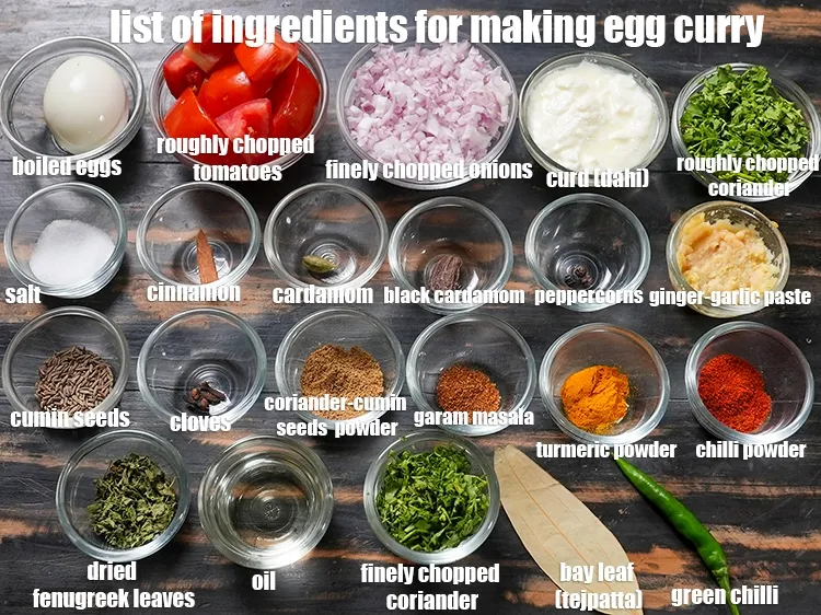 Step 2 – <u><em>See the below image of list of ingredients for making egg curry.</em></u>