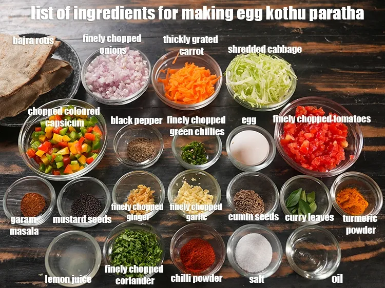 Step 2 – <u><em>See the below image of list of ingredients for making egg kothu paratha.</em></u>