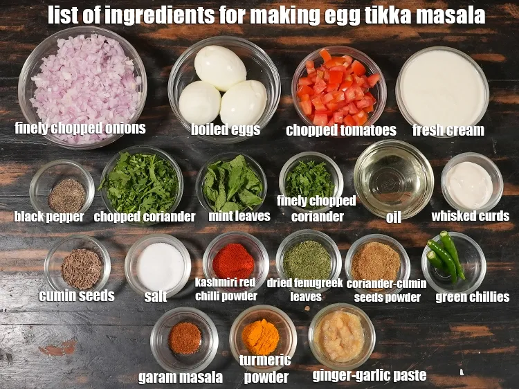 Step 2 – <u><em>See the below image of list of ingredients for making egg tikka masala.</em></u>