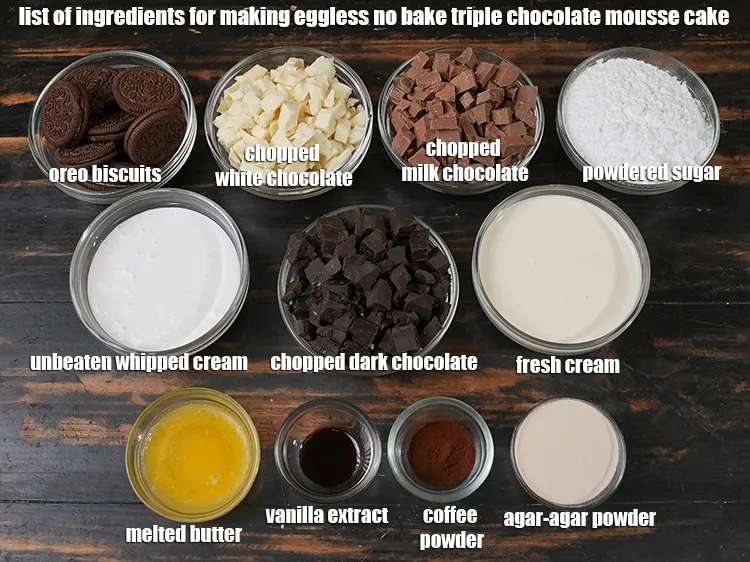 Step 2 – <em><u>See the below image of list of ingredients for making eggless no bake triple chocolate …